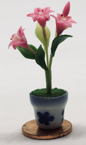 1:12 Scale Bunch Of 3 Pink Lilly Style Flowers & A Bud Tumdee Dolls House Garden 