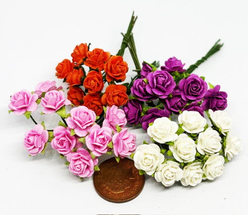 10 Handcrafted Miniature Clay Flowers – Pink, Yellow, Red, White, Orange, Purple, Rose – 1:12 Scale Dollhouse