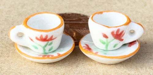 2x Dolls House Miniature Tulip Design Ceramic Cup And Saucers 
