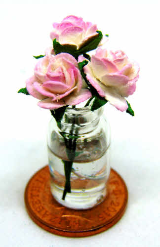 1:12 Scale Pink Roses Fixed In A Glass Vase Tumdee Dolls House Garden Accessory 